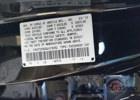 2010 Honda Accord 2.4 Ex-L из США, поврежденный, VIN 1HGCP2F82AA115052